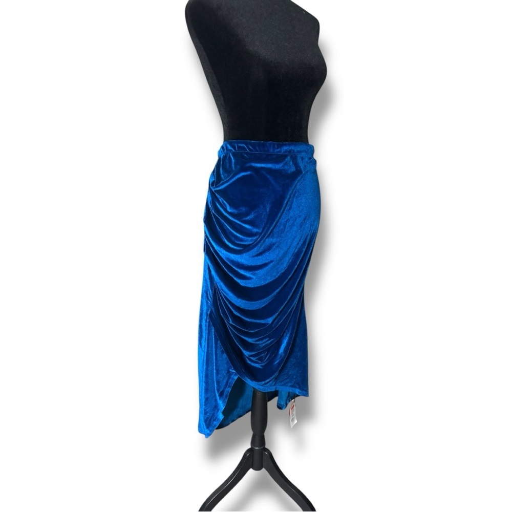 Cider NWT Elegant Royal Blue Asymmetrical Elastic Waist Velvet Midi Skirt - Picture 4 of 15